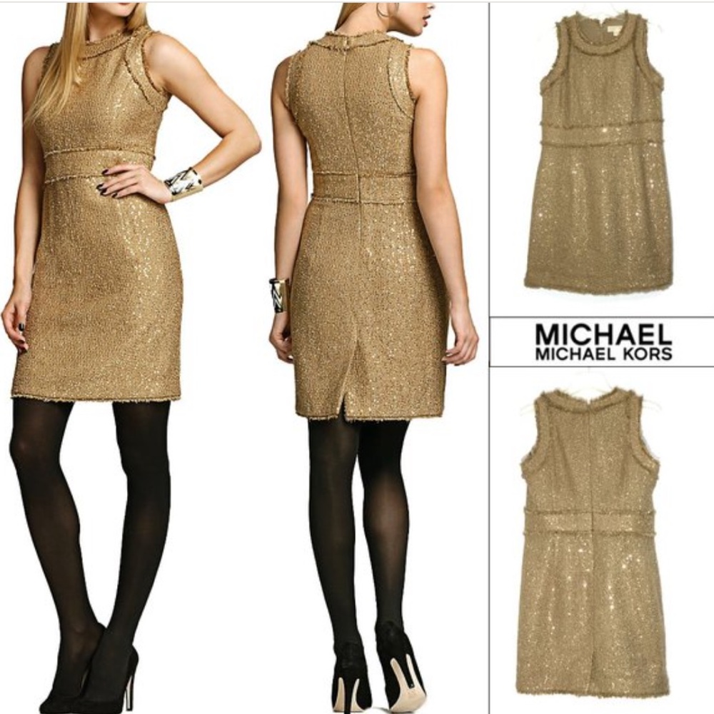 MICHAEL Kors Fringe Trim Metallic Tweed Dress Sz 6